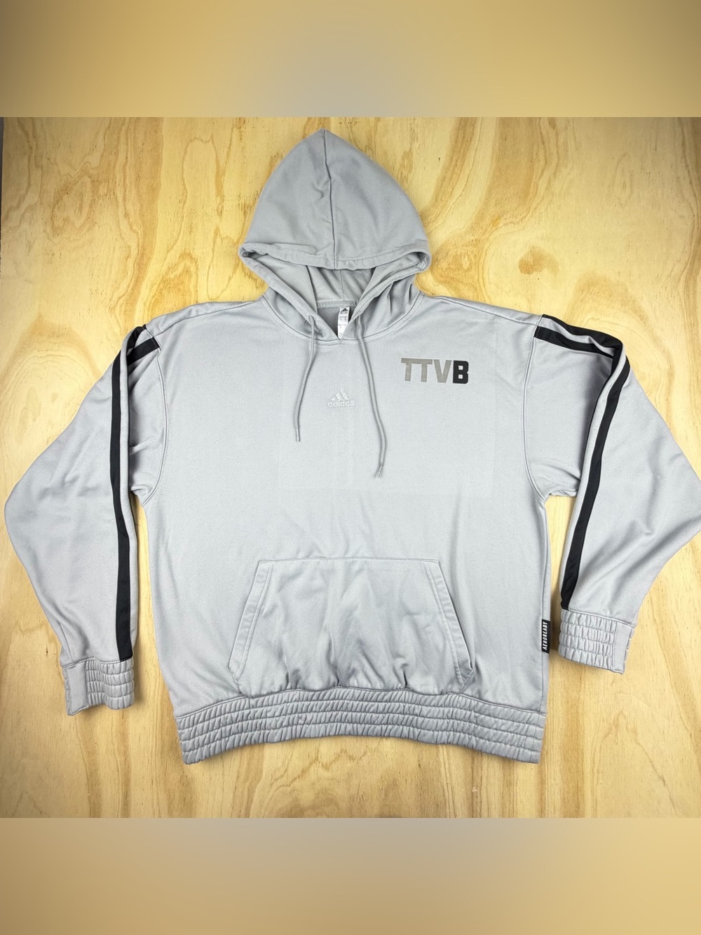 adidas Men's Light Gray Crewneck Hoodie with Black Sleeve Stripes